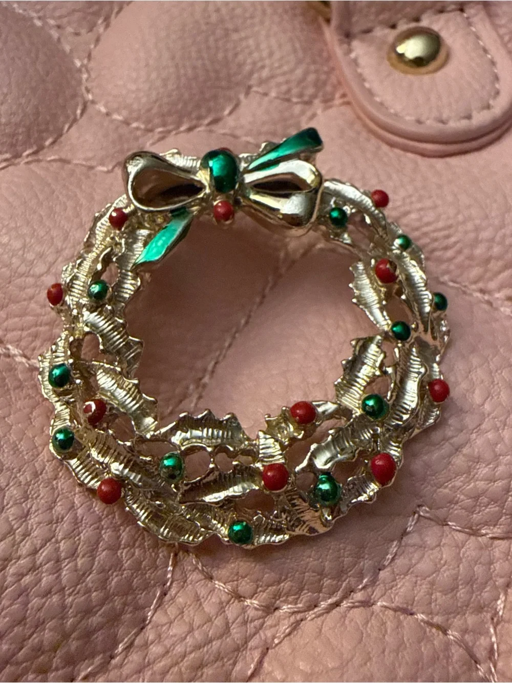Gold-Tone Holiday Wreath Brooch with Red & Green Accents